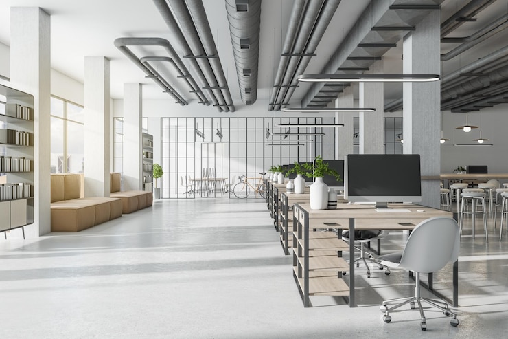 Zdjęcie nowoczesne wnętrze biura coworkingowego z jasnym widokiem na miasto i betonową posadzką koncepcja projektu i stylu miejsca pracy renderowanie 3d