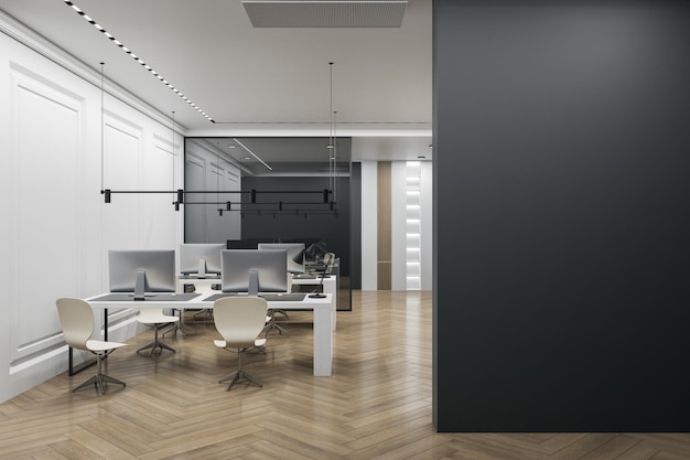Nowoczesne wnętrze biura coworkingowego z pustym miejscem makiety na meblach ściennych drewniane podłogi betonowe ściany sprzęt i światło dzienne Koncepcja miejsca pracy Renderowanie 3D
