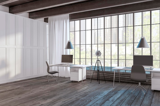 Nowoczesne wnętrze biura studyjnego z oknem i widokiem na miasto z drewnianą podłogą meble i wyposażenie w świetle dziennym Renderowanie 3D