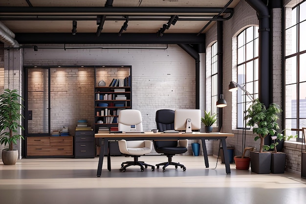 Nowoczesne wnętrze biura w stylu industrialnym na poddaszu renderowania 3D
