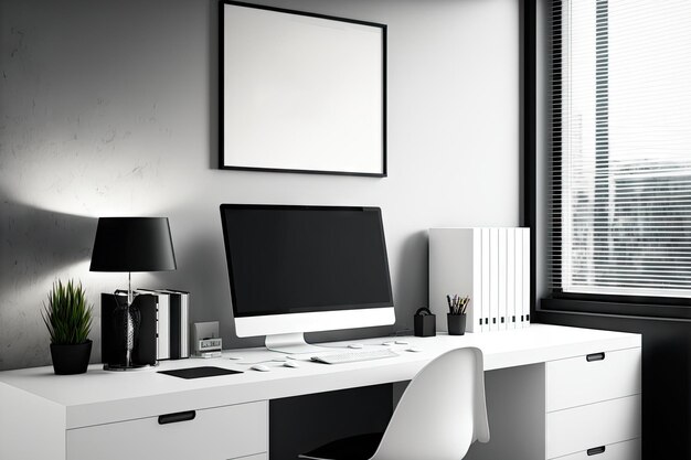 Nowoczesne wnętrze biurowe z pustym białym makieta plakatu stacjonarnego i laptopa