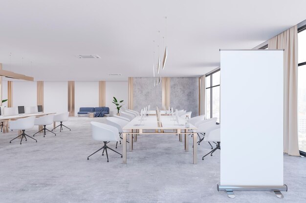 Zdjęcie nowoczesne wnętrze biurowe z pustym białym wyposażeniem meblowym zwijanym i innymi przedmiotami w świetle dziennym makieta renderowania 3d