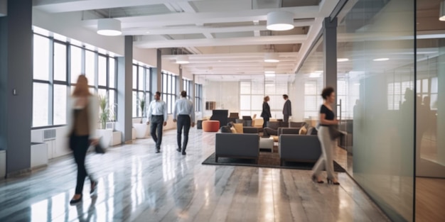 Nowoczesne wnętrze biurowe z zajętymi ludźmi biznesu spacerującymi po Generative AI AIG18