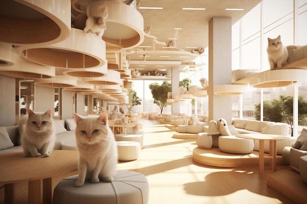 Nowoczesne wnętrze Cat Cafe Generative Ai