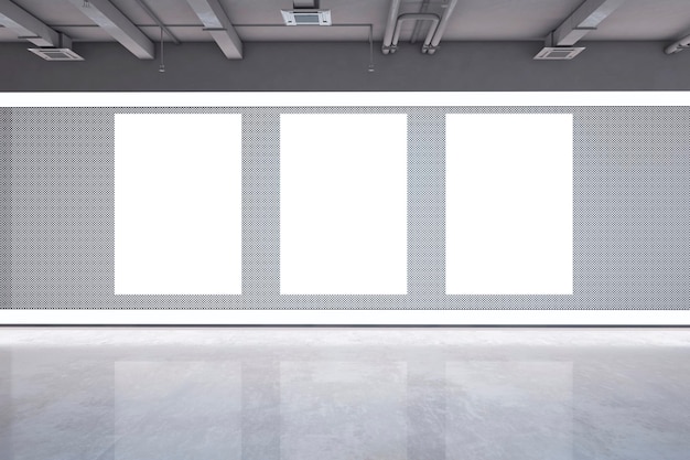 Nowoczesne wnętrze ciemnej betonowej hali wystawowej z pustymi białymi ramkami makiety na ścianie Renderowanie 3D