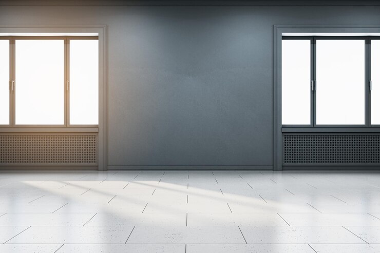 Zdjęcie nowoczesne wnętrze galerii z pustym makietą miejsca na ścianie betonowej podłogi i okien 3d rendering