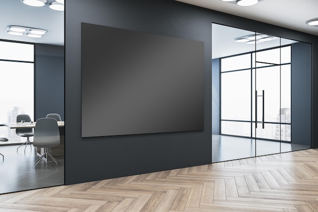 Zdjęcie nowoczesne wnętrze galerii z pustym makietowym banerem na czarnych oknach ściennych z widokiem na miasto odbijającym się na drewnianej podłodze z parkietem i światłem dziennym 3d rendering