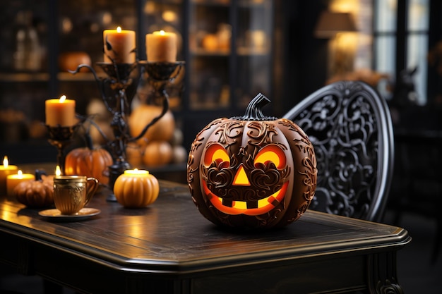 Zdjęcie nowoczesne wnętrze kuchni ozdobione na halloween dekoracyjne pomarańczowe dyni jack o'lantern na stole