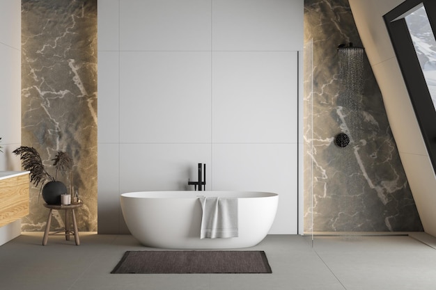 Nowoczesne wnętrze łazienki z betonową podłogą białą owalną wanną i białą umywalką z prysznicem i śnieżnym widokiem na góry z okien Minimalistyczna łazienka z nowoczesnymi meblami renderowania 3D