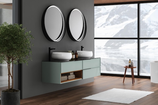 Nowoczesne wnętrze łazienki z ciemnobrązowym parkietem biała owalna wanna i dwie umywalki widok z boku Minimalistyczna łazienka z nowoczesnymi meblami basen i zaśnieżony widok na góry z okna Renderowanie 3D