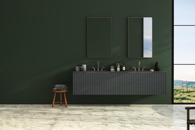 Nowoczesne wnętrze łazienki z ciemnozieloną ścianą luksusowa szafka łazienkowa z podwójną umywalką rośliny wewnętrzne basen marmurowy blat widok na las z okna Przytulny projekt łazienki Render 3D