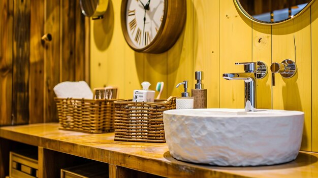 Zdjęcie nowoczesne wnętrze łazienki z oryginalnym białym kamieniem, zlewem, zegarem, drewnianymi koszykami ai generative