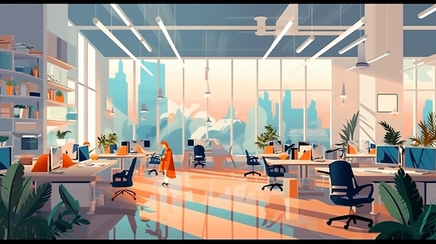 Nowoczesne wnętrze miejsca pracy z meblami biurowymi i kreatywnym środowiskiem pracy komputerowej