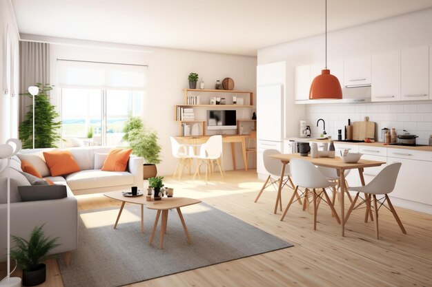 Zdjęcie nowoczesne wnętrze mieszkania w stylu życia ze stołem roboczym i półką na książki luksusowy dom skandynawski