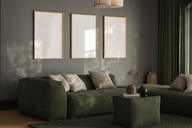 Nowoczesne wnętrze otwartej przestrzeni z designem modułowa zielona kanapa meble drewniane stolik do kawiarni klocki poduszki krzesła i kuchnia i eleganckie akcesoria osobiste w stylowym wystroju domu