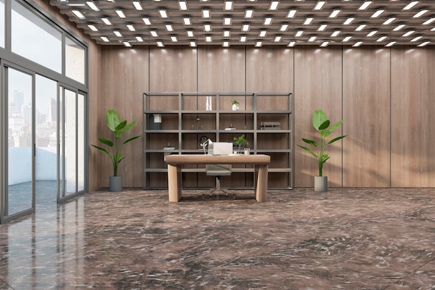 Nowoczesne wnętrze pokoju biurowego z drewnianą i marmurową podłogą z meblami panoramicznymi szklanymi drzwiami