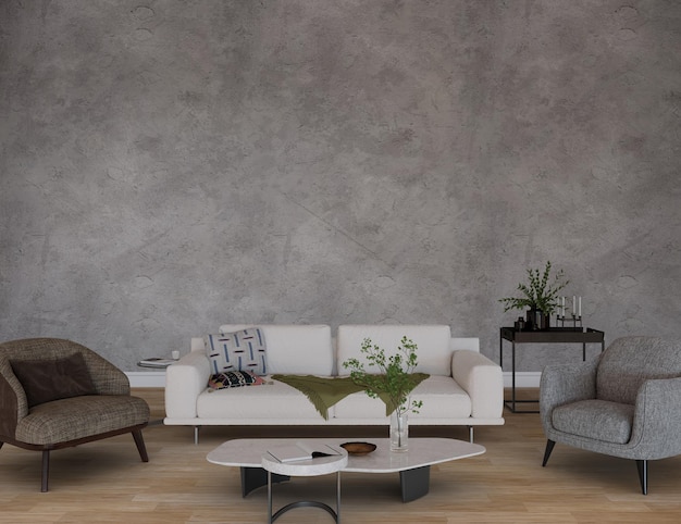 nowoczesne wnętrze salonu ma sofę i roślinę z makietą pustej ściany