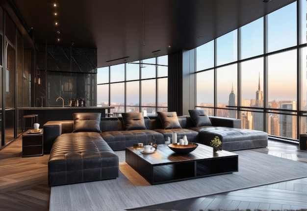 Zdjęcie nowoczesne wnętrze salonu penthouse loft z ciemnymi kamiennymi ścianami 3d rendering