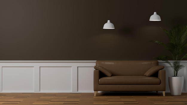 Nowoczesne wnętrze salonu w stylu vintage ze stylową brązową skórzaną sofą i kopią przestrzeni 3d render