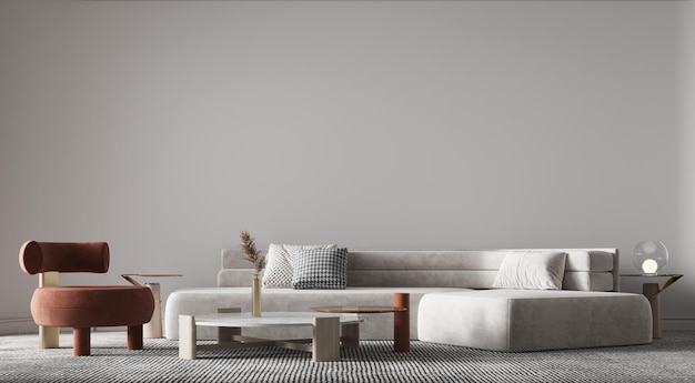 Nowoczesne wnętrze salonu z beżową kanapą na pustym białym betonowym tle ściany 3d render