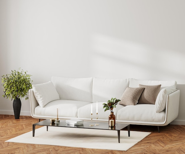 Zdjęcie nowoczesne wnętrze salonu z białą sofą i stolikiem kawowym z wystrojem renderowania 3d