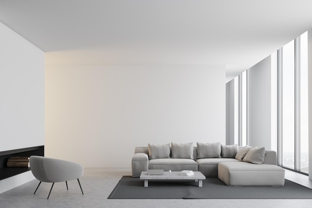 Nowoczesne wnętrze salonu z białymi ścianami, betonową podłogą, sofą i fotelem przy stoliku kawowym. Panoramiczne okno. Makieta renderowania 3D