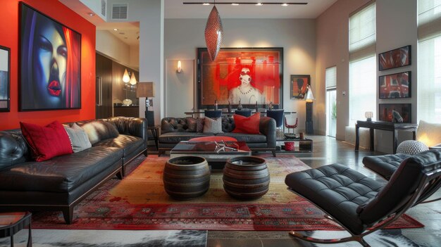 Nowoczesne wnętrze salonu z czerwoną ścianą, szarą kanapą sekcyjną, dywanem z wzorem i elementami z cegły