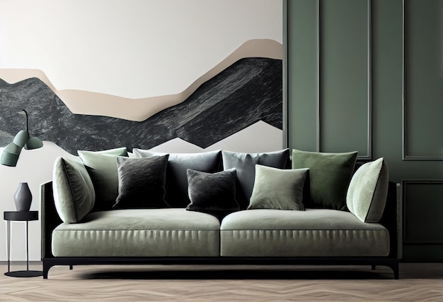 Zdjęcie nowoczesne wnętrze salonu z kanapą i zieloną ścianą generatywną ai