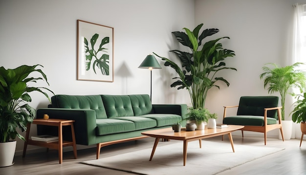 Nowoczesne wnętrze salonu z kanapą i zielonymi roślinami