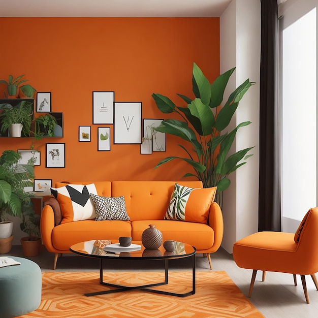 Nowoczesne wnętrze salonu z pomarańczową sofą i geometrycznym wzorem wygenerowanym przez sztuczną inteligencję