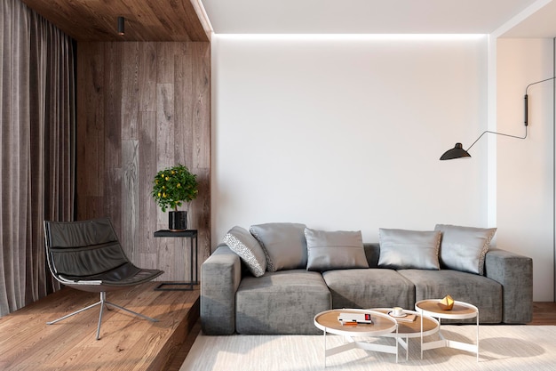 Nowoczesne wnętrze salonu z pustą ścianą sofa krzesło stół drewniana ściana i podłoga