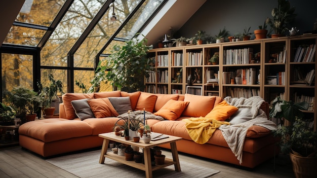 Nowoczesne wnętrze salonu z sofą, fotelem i roślinami doniczkowymi na stolegenerative ai