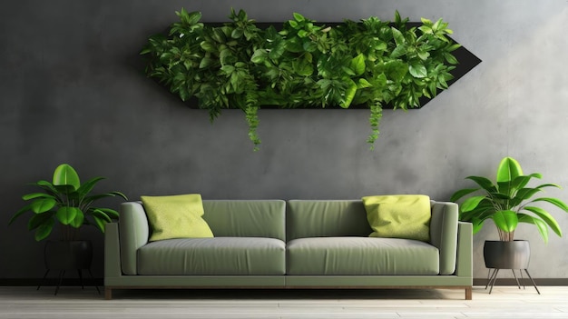 Zdjęcie nowoczesne wnętrze salonu z sofą i ornamentem z zielonych liści i minimalistycznym designem