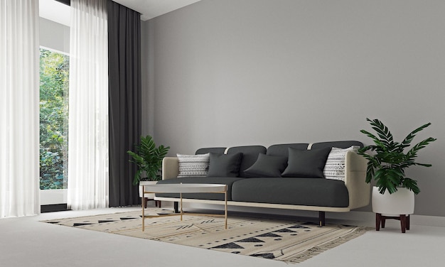 Zdjęcie nowoczesne wnętrze salonu z szarą kanapą na pustym białym tle ściany