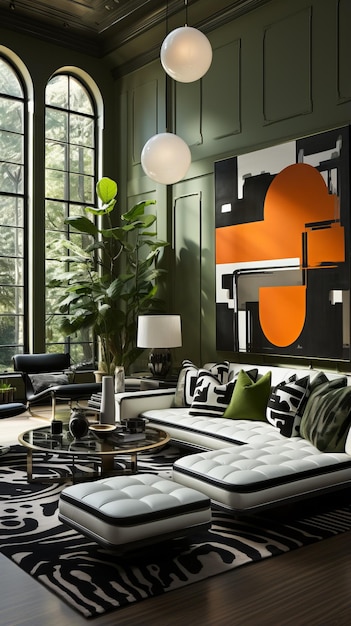 Zdjęcie nowoczesne wnętrze salonu z zielonymi ścianami, dużymi oknami i stylowymi meblami
