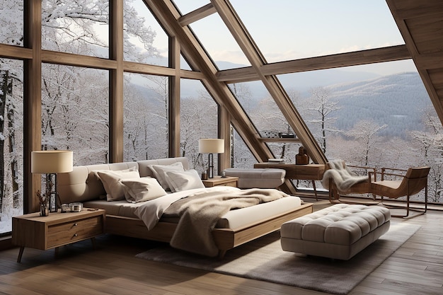 Nowoczesne wnętrze sypialni z drzewami pokrytymi śniegiem