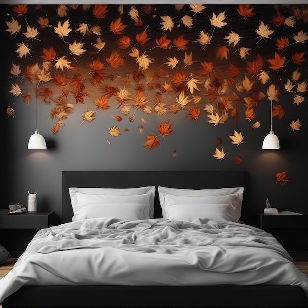nowoczesne wnętrze sypialni z jesiennymi klonami i pomarańczową ścianą nowoczesne wnętrze z drewnianą ścianą
