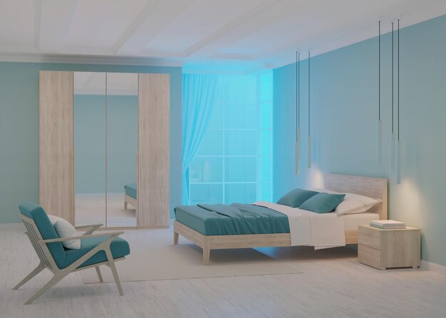 Nowoczesne wnętrze sypialni z niebieskimi ścianami. Noc. Oświetlenie wieczorne. Renderowanie 3D.