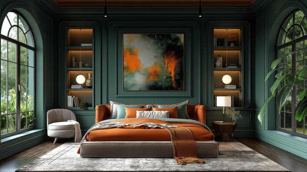 Nowoczesne wnętrze sypialni z widokiem na las i żywymi pomarańczowymi akcentami
