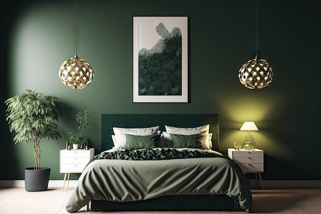 Nowoczesne wnętrze sypialni z zieloną ścianą i sztuką ścienną z wiszącą lampą