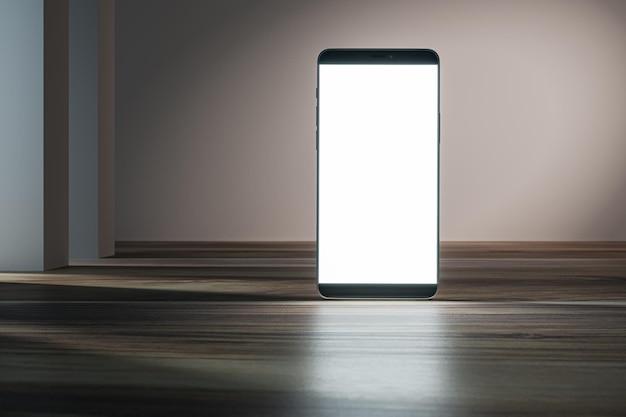 Nowoczesne wnętrze z pustym, ogromnym białym ekranem smartfona, drewnianą podłogą z odbiciami światła i miejscem makiety Technologia i abstrakcyjna koncepcja prezentacji Renderowanie 3D