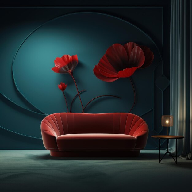 Nowoczesne wnętrze ze stylową czerwoną kanapą, elegancką sztuką na ścianie i oświetleniem otoczenia