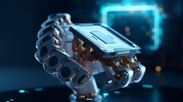 Nowoczesne, zaawansowane technicznie, autentyczne ramię robota trzymające współczesny superkomputerowy procesor AI