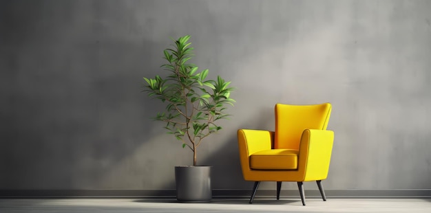 Nowoczesne żółte krzesło i zielona roślina w minimalistycznym wnętrzu