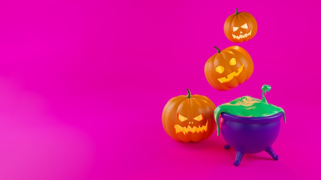 Nowoczesny Baner 3d Na Renderowanie 3d Dynie Halloween Kocioł Czarownicy Z Zielonym Wrzącym Płynem