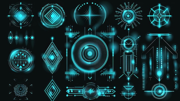 Nowoczesny banner i układ okładki z minimalistycznymi elementami gotyckimi cyberpunka z neonowo-niebieskimi abstrakcyjnymi neo-plemiennymi kształtami na czarnym tle