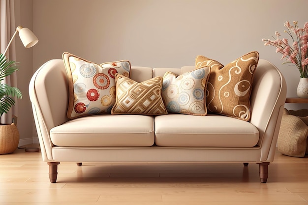 nowoczesny beżowy uwielbia wygodne siedzisko z fantazyjnymi jasnymi poduszkami piękne pomysły na dekorację wnętrz domu realistyczna ilustracja