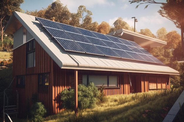 Nowoczesny biały dom z ogrodem i panelami słonecznymi na dachu na tle błękitnego nieba generowanego przez sztuczną inteligencję