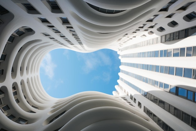 Nowoczesny budynek biurowy o futurystycznym projekcie, widok na zewnątrz i niebo z dziedzińca, geometryczna falista fasada ze szkłem, koncepcja architektury krzywej drapacza chmur