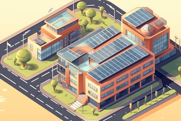 Nowoczesny budynek z panelami słonecznymi zainstalowanymi na dachu Generative AI